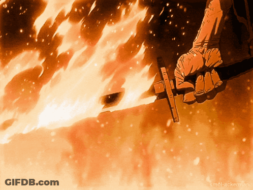 A Person Is Holding A Sword In Front Of A Fire And The Words Smol-Ackerman Are Visible GIF