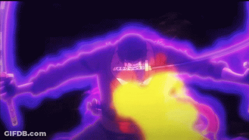 A Person Is Holding A Sword In Their Hand In A Purple And Yellow Light . GIF
