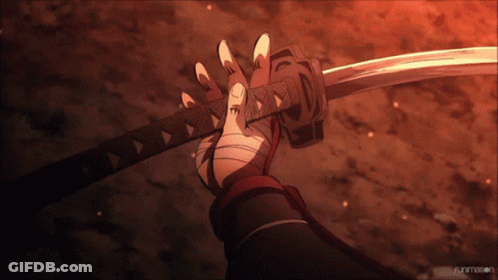 A Person Is Holding A Sword In Their Hand With The Word Funimation In The Background GIF