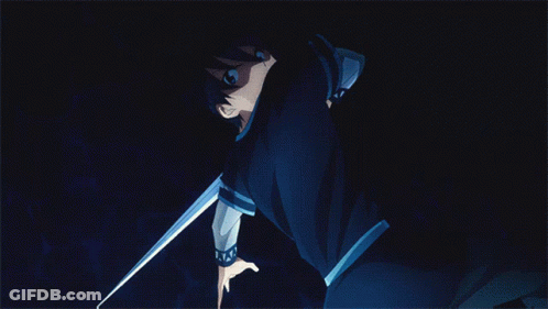 A Person Is Holding A Sword With A Blue Light Behind Them GIF