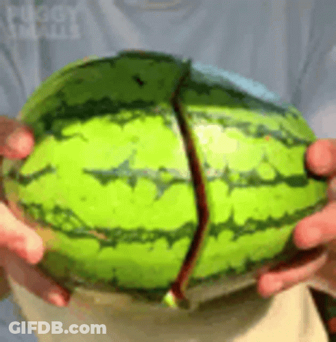 A Person Is Holding A Watermelon That Has Been Cut In Half And Is Being Held In Their Hands . GIF