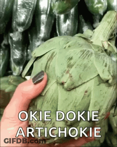 A Person Is Holding An Artichoke With The Words " Okie Dokie Artichoke " Written On It GIF