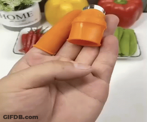 A Person Is Holding An Orange Object In Their Hand In Front Of A Potted Plant That Says Home GIF