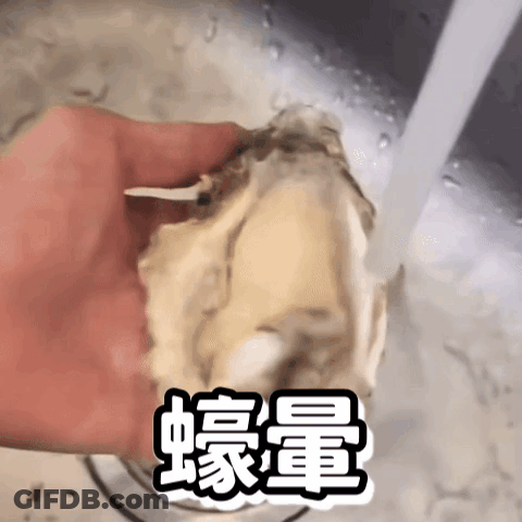 A Person Is Holding An Oyster In Their Hand In Front Of A Sink . GIF