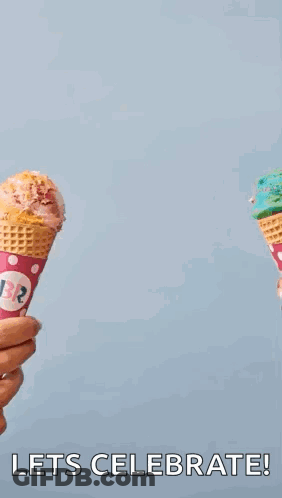 A Person Is Holding Two Ice Cream Cones In Their Hands With The Words `` Let 'S Celebrate ! '' GIF