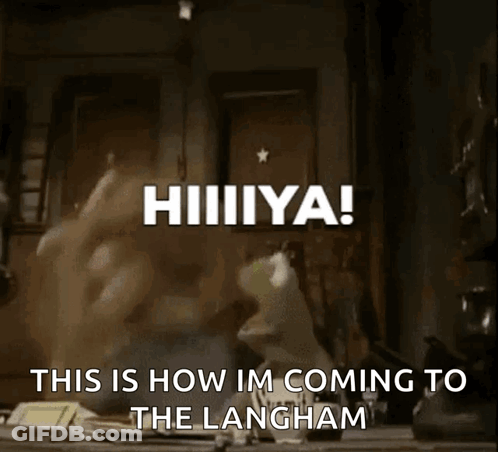 A Person Is Jumping In The Air With The Words " This Is How Im Coming To The Langham " Written Above Them GIF