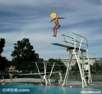A Person Is Jumping Off A Diving Board With A Smiley Face On His Head GIF