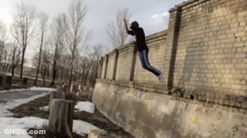 A Person Is Jumping Over A Brick Wall With A Stump In Front Of Them GIF