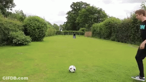 A Person Is Kicking A Soccer Ball In A Field GIF