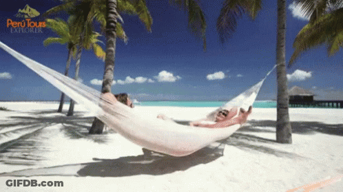 A Person Is Laying In A Hammock On A Beach With The Words Peru Tours Explorer On The Bottom Right GIF