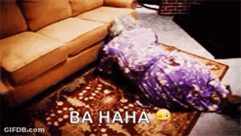 A Person Is Laying On A Rug In Front Of A Couch Covered In A Blanket . GIF