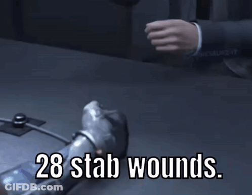 A Person Is Laying On A Table With The Words 28 Stab Wounds Written On It GIF