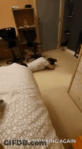 A Person Is Laying On The Floor In A Room With The Words `` Im Never Drinking Again '' Written On The Bottom . GIF