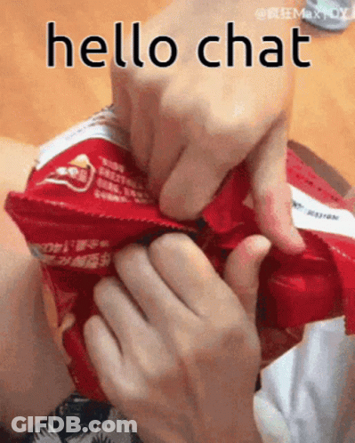 A Person Is Opening A Bag Of Chips And The Words Hello Chat Are Above Them GIF