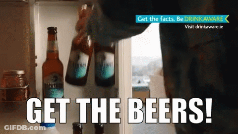 A Person Is Opening A Refrigerator Door With The Words Get The Beers Written On The Bottom GIF