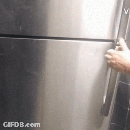 A Person Is Opening A Stainless Steel Refrigerator With The Word Vi On The Bottom GIF