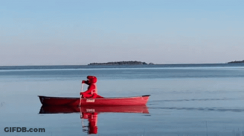 A Person Is Paddling A Red Coleman Canoe In The Water GIF