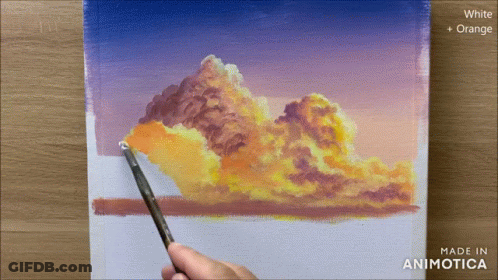A Person Is Painting A Cloudy Sky With White And Orange Paint GIF