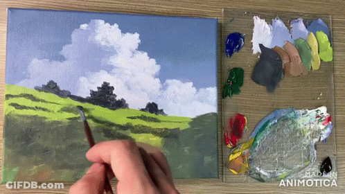 A Person Is Painting A Landscape On A Canvas With Made In Animatica Written On The Bottom Right GIF