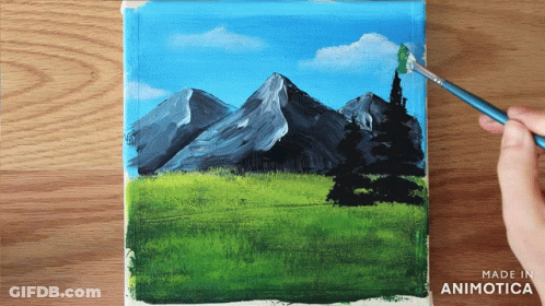 A Person Is Painting A Mountain Landscape On A Canvas With The Words Made In Animatica On The Bottom GIF