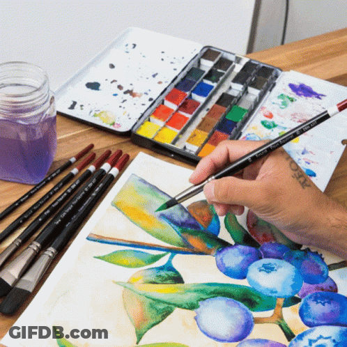 A Person Is Painting A Picture Of Blueberries With A Brush That Says ' Acrylic Brush ' On It GIF