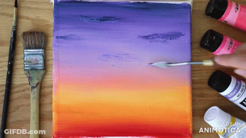 A Person Is Painting A Sunset On A Canvas With Bottles Of Acrylic Paint GIF