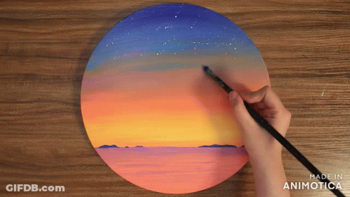 A Person Is Painting A Sunset On A Wooden Board With The Words Made In Animotica Below It GIF