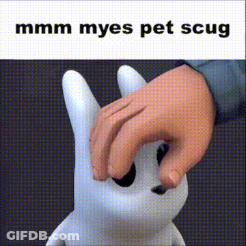 A Person Is Petting A Cartoon Rabbit With A Caption That Says Mmmm Myes Pet Scug . GIF