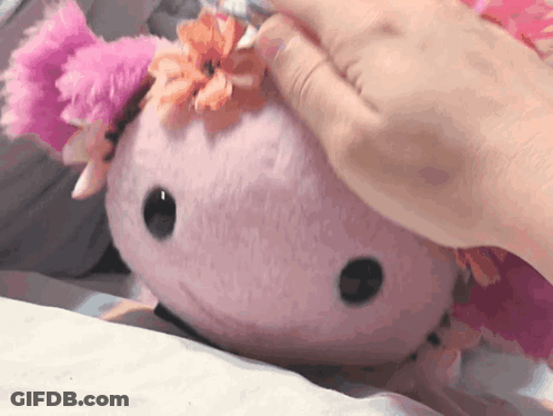 A Person Is Petting A Stuffed Animal With A Flower On Its Head GIF