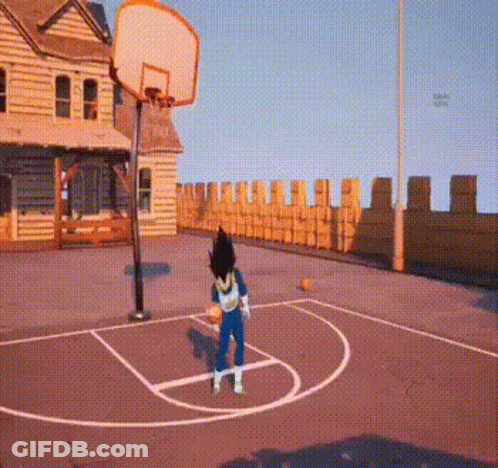 A Person Is Playing Basketball On A Court In Front Of A Building . GIF