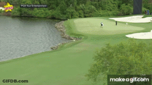 A Person Is Playing Golf On A Green Near A Lake GIF