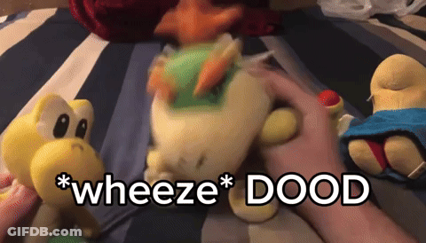 A Person Is Playing With A Stuffed Animal That Says " Wheeze Dood " On It GIF