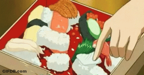 A Person Is Pointing At A Box Of Sushi With A Finger . GIF