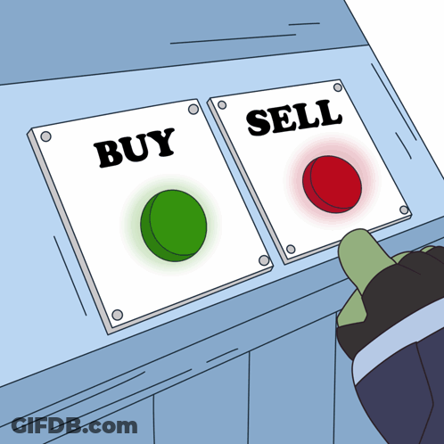 A Person Is Pressing A Button That Says Buy And A Button That Says Sell GIF