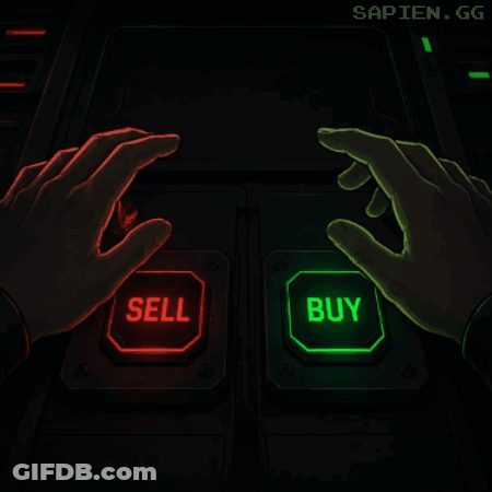 A Person Is Pressing A Button That Says Sell And Another Button That Says Buy GIF