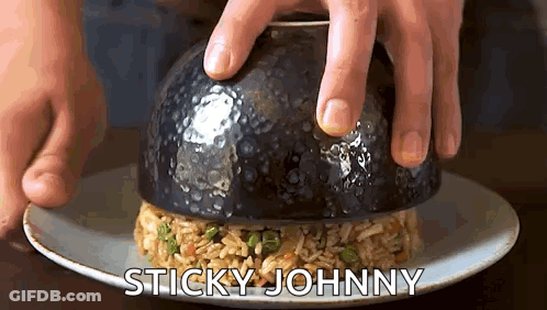 A Person Is Putting A Bowl On Top Of A Plate Of Food With The Words Sticky Johnny Written On The Bottom GIF
