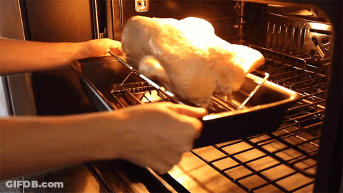 A Person Is Putting A Turkey In An Oven GIF