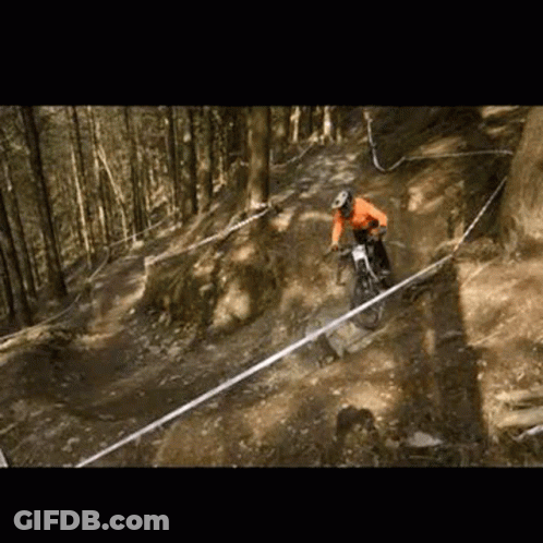 A Person Is Riding A Mountain Bike Down A Dirt Trail In The Woods . GIF