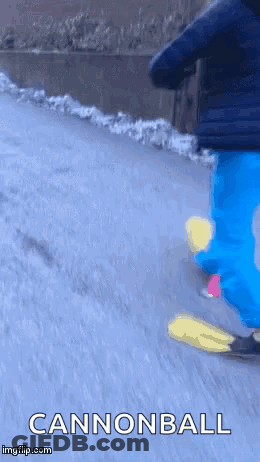 A Person Is Riding A Skateboard Down A Snowy Road With The Words Cannonball Below Them GIF