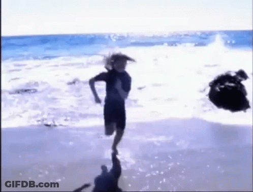 A Person Is Running On A Beach With A Rock In The Background . GIF