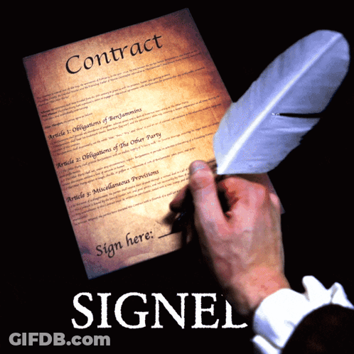 A Person Is Signing A Contract With A Feather In Their Hand GIF