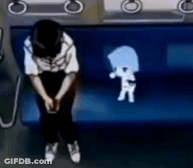 A Person Is Sitting On A Blue Couch With A Silhouette Of A Person Behind Them . GIF