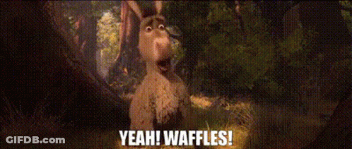 A Person Is Sitting On Top Of A Rock In The Middle Of A Forest With The Words `` Yeah ! Waffles ! '' GIF