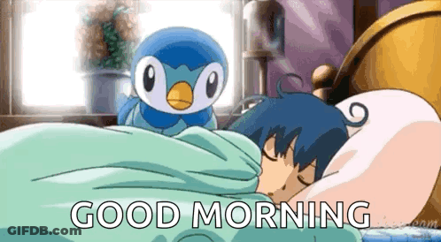 A Person Is Sleeping In A Bed With A Penguin Sitting On Top Of Them And The Words Good Morning Written Below Them GIF
