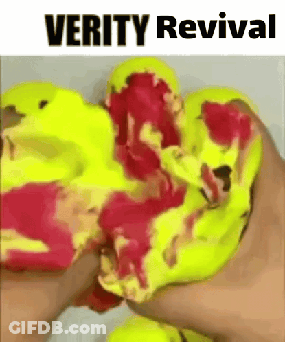 A Person Is Squeezing A Yellow And Red Object That Says Verity Revival On The Bottom GIF