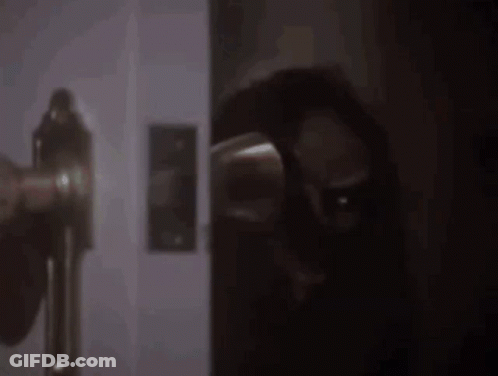 A Person Is Standing In A Dark Room Holding A Door Handle . GIF