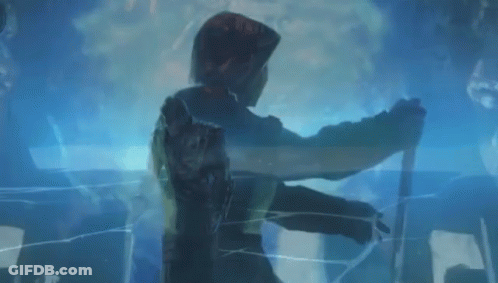 A Person Is Standing In A Dark Room With A Blue Light Behind Them . GIF