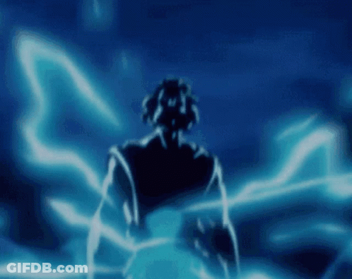 A Person Is Standing In A Dark Room With A Blue Lightning Bolt Behind Them . GIF
