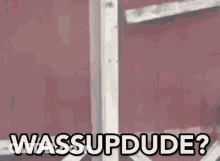 A Person Is Standing In A Doorway With The Words Wassupdude Written On It . GIF