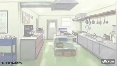 A Person Is Standing In A Kitchen With A Lot Of Utensils Hanging From The Ceiling . GIF